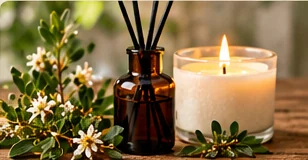 Home fragrance diffuser and candle among flowering plants