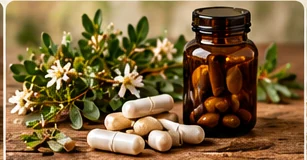 Unbranded brown glass bottle and capsules as botanical product concepts
