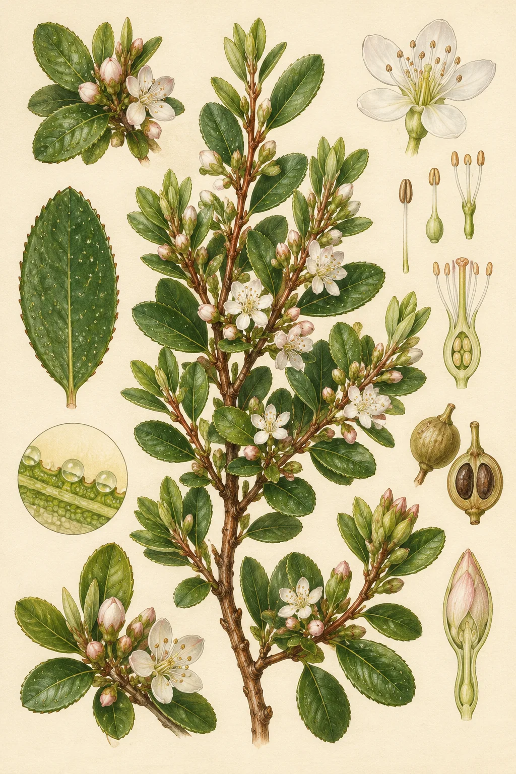 Artistic botanical study of buchu-like leaves, flowering stems, blossoms, glands, buds and seed capsules